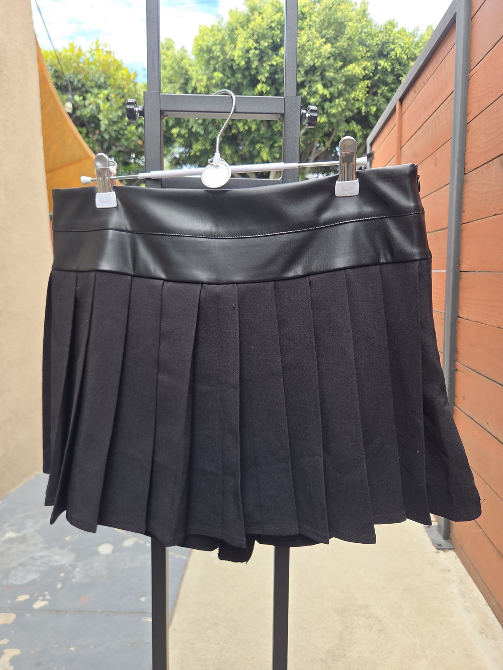 Black Pleated Skort with Faux Leather Waistband (L)